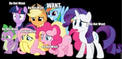 Size: 960x461 | Tagged: safe, applejack, fluttershy, pinkie pie, rainbow dash, rarity, spike, twilight sparkle, g4, image macro, mane six, palindrome get, varying degrees of want