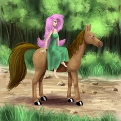 Size: 1200x1200 | Tagged: safe, artist:fahu, fluttershy, horse, human, g4, barefoot, breasts, cleavage, clothes, dress, feet, humanized, humans riding horses, riding, sidesaddle