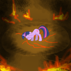 Size: 1000x1000 | Tagged: safe, artist:invidlord, twilight sparkle, pony, unicorn, g4, crater, female, fire, magic overload, mare, solo