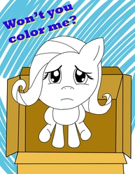 Size: 2550x3300 | Tagged: safe, artist:divinefolklore, fluttershy, pegasus, pony, g4, box, color me, female, flutterbox, looking at you, pony in a box, sad, sitting, solo