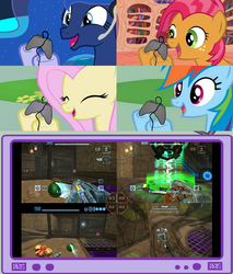 Size: 782x918 | Tagged: safe, babs seed, fluttershy, princess luna, rainbow dash, pegasus, pony, gamer luna, g4, exploitable meme, female, gamer babs, gamer meme, gamerdash, gamershy, mare, metroid, metroid prime 2: echoes, tv meme