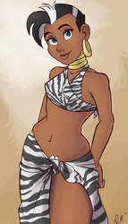 Size: 947x1650 | Tagged: safe, artist:ric-m, zecora, human, g4, african, beautiful, belly button, bikini top, clothes, dark skin, female, gradient background, humanized, looking at you, midriff, mohawk, sarong, solo