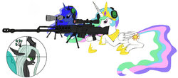 Size: 1346x594 | Tagged: safe, artist:gilgondorin, princess celestia, princess luna, queen chrysalis, alicorn, changeling, pony, g4, as50, female, gun, hooves, horn, lying down, mare, open mouth, optical sight, rifle, simple background, sniper, sniper rifle, weapon, white background, wings