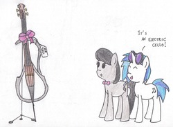 Size: 2003x1471 | Tagged: safe, artist:goldenpansy, dj pon-3, octavia melody, vinyl scratch, g4, cello, electric cello, musical instrument