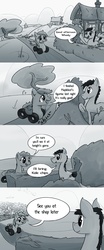 Size: 500x1200 | Tagged: safe, artist:rainbowvan45, oc, oc only, oc:wheely bopper, earth pony, original species, pony, wheelpone, afternoon, chewing, comic, hedge, house, monochrome, ponyville, saddle bag, sound effects, speech bubble