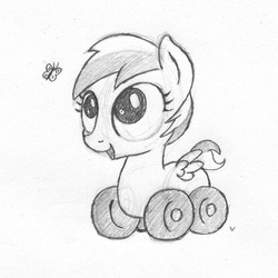 Size: 1000x1000 | Tagged: safe, artist:php87, oc, oc only, oc:wheely bopper, butterfly, original species, wheelpone, cute, eyes on the prize, female, filly, grayscale, happy, monochrome, open mouth, sketch, smiling, solo, traditional art, younger