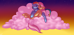 Size: 1024x486 | Tagged: safe, artist:youbrokethedog, fluttershy, rainbow dash, g4, blushing, cloud, female, kissing, lesbian, ship:flutterdash, shipping