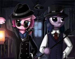 Size: 2514x1992 | Tagged: safe, artist:helenasherzblut, pinkie pie, twilight sparkle, pony, g4, bipedal, glasses, hat, lantern, pipe, smoking, top hat