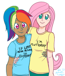 Size: 959x1115 | Tagged: safe, artist:ponett, fluttershy, rainbow dash, human, g4, cute, duo, female, humanized, lesbian, ship:flutterdash, shipping, shirt