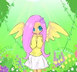 Size: 627x591 | Tagged: safe, artist:like-a-pike, fluttershy, human, g4, clothes, female, humanized, off shoulder, solo, sweater, sweatershy, winged humanization