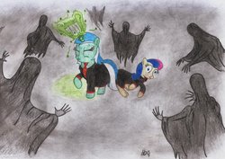 Size: 1063x751 | Tagged: safe, artist:harddriver04, bon bon, lyra heartstrings, sweetie drops, earth pony, pony, unicorn, g4, clothes, crossover, dementor, eyes closed, frown, harry potter, harry potter (series), magic, necktie, on side, parody, patronus, robes, sweat, traditional art, wide eyes