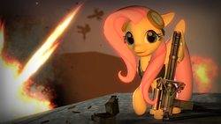 Size: 1920x1080 | Tagged: safe, artist:d0ntst0pme, fluttershy, g4, 3d, explosion, female, gmod, minigun, solo, wallpaper