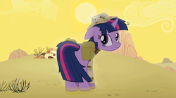 Size: 4500x2500 | Tagged: safe, artist:totallynotabronyfim, twilight sparkle, g4, camouflage, clothes, desert, female, hat, saddle bag, scarf, solo