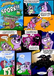 Size: 1000x1405 | Tagged: safe, artist:catfood-mcfly, pinkie pie, roseluck, spike, twilight sparkle, alicorn, dragon, earth pony, pony, g4, butt, comic, female, levitation, magic, male, mare, plot, spikeabuse, telekinesis, twilight sparkle (alicorn), twisted ponyville