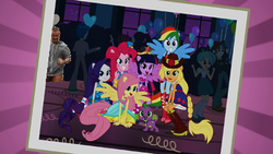 Size: 400x225 | Tagged: safe, edit, screencap, applejack, fluttershy, pinkie pie, rainbow dash, rarity, scott green, spike, tennis match, thunderbass, twilight sparkle, dog, equestria girls, g4, my little pony equestria girls, balloon, big crown thingy, boots, cm punk, fall formal outfits, high heel boots, humane five, humane six, ponied up, ponytail, spike the dog, wat, wings, wwe