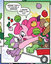 Size: 285x358 | Tagged: safe, idw, official comic, pinkie pie, spike, dragon, earth pony, pony, g4, spoiler:comic, apple, baguette, bread, carrot, corn, female, food, grapes, male, mare, onion, radish, strawberry, wagon