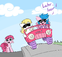 Size: 800x743 | Tagged: safe, artist:spittfireart, firefly, pinkie pie, surprise, g1, g4, abuse, animated, female, jeep, jerk, pinkiebuse, power wheels, sunglasses