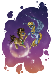 Size: 900x1286 | Tagged: safe, artist:fallenzephyr, derpy hooves, doctor whooves, time turner, g4, bubble, flying, moon, partial background, tangible heavenly object