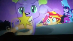 Size: 640x360 | Tagged: safe, screencap, spike, sunset shimmer, twilight sparkle, dog, equestria girls, g4, my little pony equestria girls, big crown thingy, exploitable meme, meme, photo, picture of a screen, spike the dog, sunset shimmer reaching for things