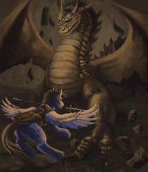 Size: 691x800 | Tagged: safe, artist:nyil, oc, oc only, oc:sunnyside, dragon, pegasus, pony, undead, armor, dark souls, female, fight, flying, mare, mouth hold, spear, spread wings, weapon