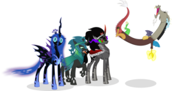 Size: 12643x6693 | Tagged: safe, artist:zimvader42, discord, king sombra, nightmare moon, queen chrysalis, alicorn, changeling, changeling queen, draconequus, pony, unicorn, g4, absurd resolution, antagonist, chaos, discord being discord, palette swap, prank, recolor, simple background, species swap, transparent background, vector