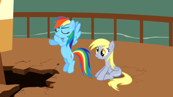 Size: 640x360 | Tagged: safe, screencap, derpy hooves, rainbow dash, pegasus, pony, g4, the last roundup, angry, female, flying, hole, mare, sitting, town hall