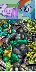 Size: 572x1144 | Tagged: safe, rainbow dash, kaiju, g4, albuquerque comics expo, astro zombies, crossover, donatello, exploitable meme, godzilla, godzilla (series), kaijufied, leonardo, michelangelo, raphael, teenage mutant ninja turtles, tv meme