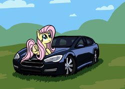 Size: 2796x1986 | Tagged: safe, artist:mindofnoodles, fluttershy, g4, car, female, solo, tesla, tesla model s, tesla s