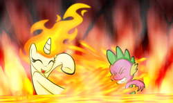 Size: 2278x1357 | Tagged: safe, artist:omegasunburst, spike, twilight sparkle, dragon, pony, rapidash, g4, cute, duo, grin, happy, lava, lava bathing, mane of fire, rapidash twilight, splash, twiabetes