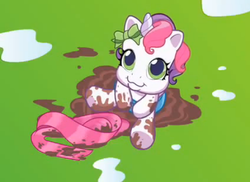 Size: 477x348 | Tagged: safe, sweetie belle (g3), pony, unicorn, g3, g3.5, newborn cuties, once upon a my little pony time, over two rainbows, :3, clothes, cute, diaper, female, g3.75, looking up, mud, muddy, out of context, scarf, smiling, solo