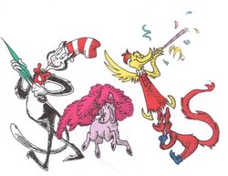 Size: 1017x786 | Tagged: safe, artist:frankilew, pinkie pie, g4, crossover, dr. seuss, fox in socks, male, style emulation, the cat in the hat, traditional art