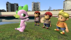 Size: 1024x576 | Tagged: safe, spike, g4, 3d, earthbound, gmod, lucas, mother 3, ness, ninten, nintendo