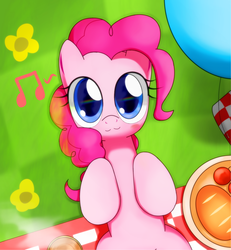 Size: 1200x1300 | Tagged: safe, artist:hoyeechun, pinkie pie, earth pony, pony, g4, balloon, cute, diapinkes, female, flower, looking at you, mare, music notes, on back, picnic, picnic blanket, solo