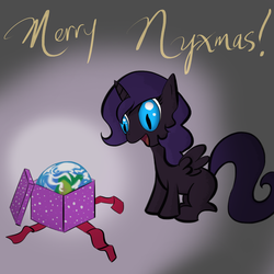 Size: 1000x1000 | Tagged: safe, artist:sunsomething, oc, oc only, oc:nyx, box, earth, happy, nyxmas, planet, present, solo, world