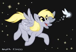 Size: 2304x1570 | Tagged: safe, artist:thegreendragongirl, derpy hooves, pegasus, pony, g4, crossover, female, flying, happy, mare, navi, solo, the legend of zelda