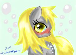 Size: 782x568 | Tagged: safe, artist:sonic99rae, derpy hooves, pegasus, pony, g4, blushing, bubble, female, mare, solo