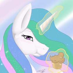 Size: 1500x1500 | Tagged: safe, artist:metalrenamon, princess celestia, pony, g4, bust, eating, female, magic, muffin, solo