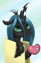 Size: 1300x2000 | Tagged: safe, artist:metalrenamon, queen chrysalis, changeling, changeling queen, g4, female, folder, heart, solo