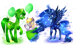 Size: 3300x2000 | Tagged: safe, artist:aquagalaxy, derpy hooves, princess luna, oc, oc:emerald rescue, pegasus, pony, g4, balloon