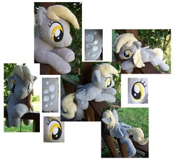 Size: 2108x1939 | Tagged: safe, artist:helgafuggly, derpy hooves, pegasus, pony, g4, female, folded wings, irl, lying down, mare, outdoors, photo, plushie, prone, solo, tree branch, wings