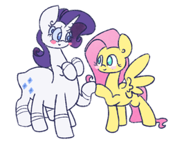 Size: 600x500 | Tagged: safe, artist:otterlore, fluttershy, rarity, drider, monster pony, original species, spider, spiderpony, g4, blushing, cute, eye contact, female, friends, hoofbump, lesbian, ship:flarity, shipping, simple background, smiling, species swap, spiderponyrarity, spread wings, wat, white background