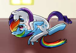 Size: 803x560 | Tagged: safe, artist:asdf314159265, rainbow dash, rarity, pegasus, pony, unicorn, g4, blushing, female, lesbian, lying down, mare, nose to nose, on back, ship:raridash, shipping