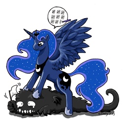 Size: 2242x2198 | Tagged: safe, artist:wollfisch, princess luna, g4, monster, nightmare, simple background, tally marks, teary eyes, white flag