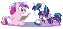 Size: 1050x488 | Tagged: safe, artist:dm29, princess cadance, shining armor, smarty pants, twilight sparkle, g4, book, cute, duo, filly, filly twilight sparkle, julian yeo is trying to murder us, levitation, simple background, transparent background, twily, vector, younger