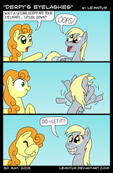 Size: 1318x2012 | Tagged: safe, artist:lemntum, carrot top, derpy hooves, golden harvest, earth pony, pegasus, pony, g4, comic, duo, duo female, eyelashes, female, mare, upside down