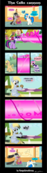 Size: 1249x4580 | Tagged: safe, artist:vector-brony, derpy hooves, dj pon-3, octavia melody, twilight sparkle, vinyl scratch, oc, alicorn, pony, robot, robot pony, g4, bass cannon, belly, bipedal, blueberry muffin (food), cello, comic, crying, food, muffin, musical instrument, sad, shattered glass, that pony sure does love muffins, twilight sparkle (alicorn)