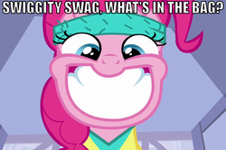 Size: 902x600 | Tagged: safe, edit, edited screencap, screencap, pinkie pie, a friend in deed, g4, creepy, creepy smile, ed edd n eddy, female, image macro, looking at you, over your ed, smiling, solo, swag, swiggity swag