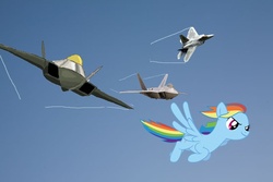 Size: 800x533 | Tagged: dead source, safe, artist:jax5485, rainbow dash, pegasus, pony, g4, f-22 raptor, female, flying, jet, lockheed corporation, solo