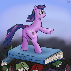 Size: 1280x1280 | Tagged: safe, artist:brainedbysaucepans, twilight sparkle, g4, book, butt, female, pile, plot, solo, surfing