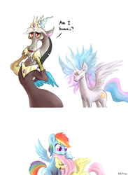 Size: 1901x2594 | Tagged: safe, artist:mlpanon, discord, fluttershy, princess celestia, rainbow dash, g4, accessory swap, angry, crossdressing, cute, dialogue, female, funny, glowing eyes, hug, lesbian, makeup, prank, regalia, ship:flutterdash, shipping, simple background, this will end in tears and/or a journey to the moon, white background